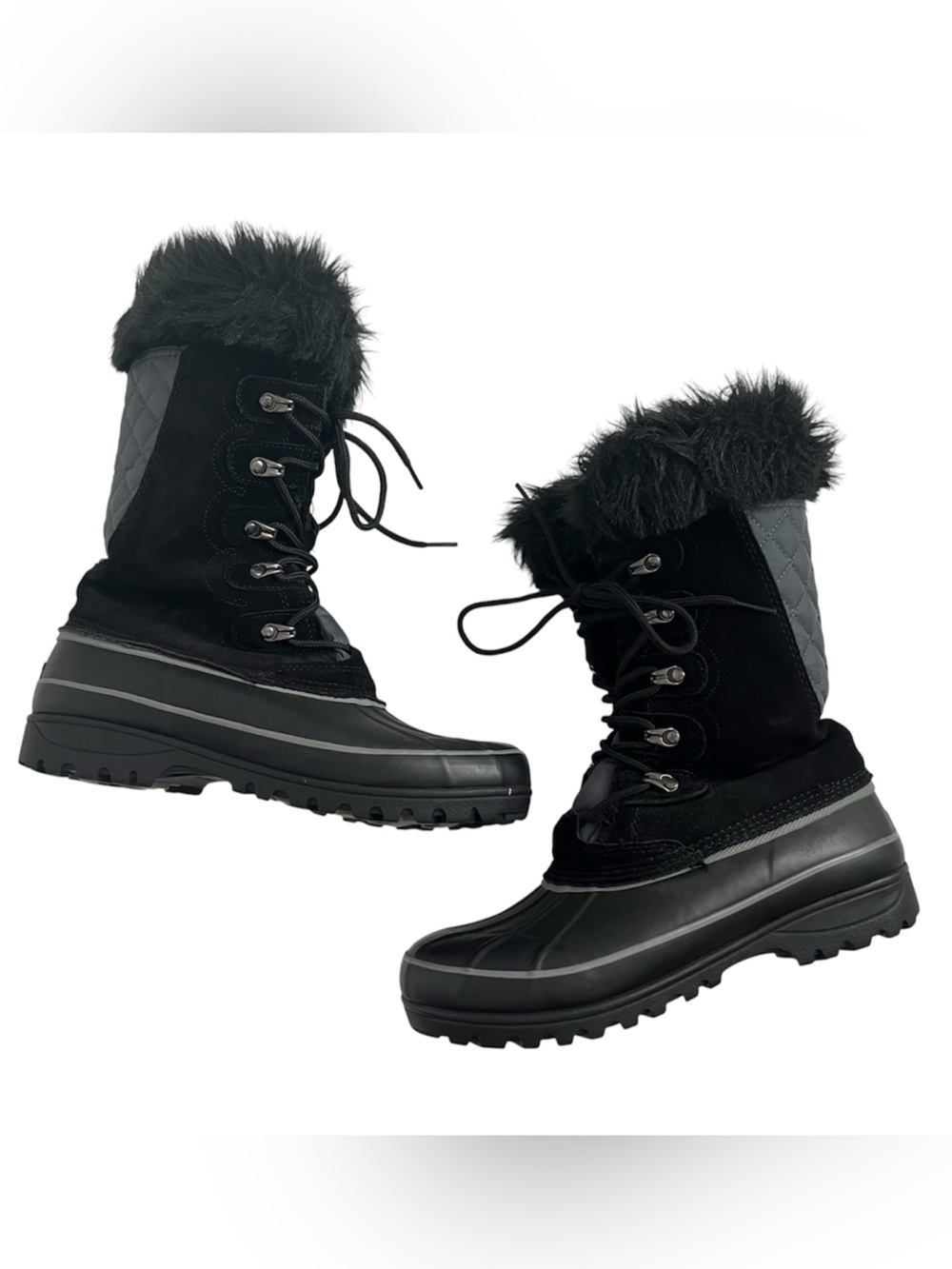 Khombu Black Quilted Faux-Fur Lace-Up Winter Boots